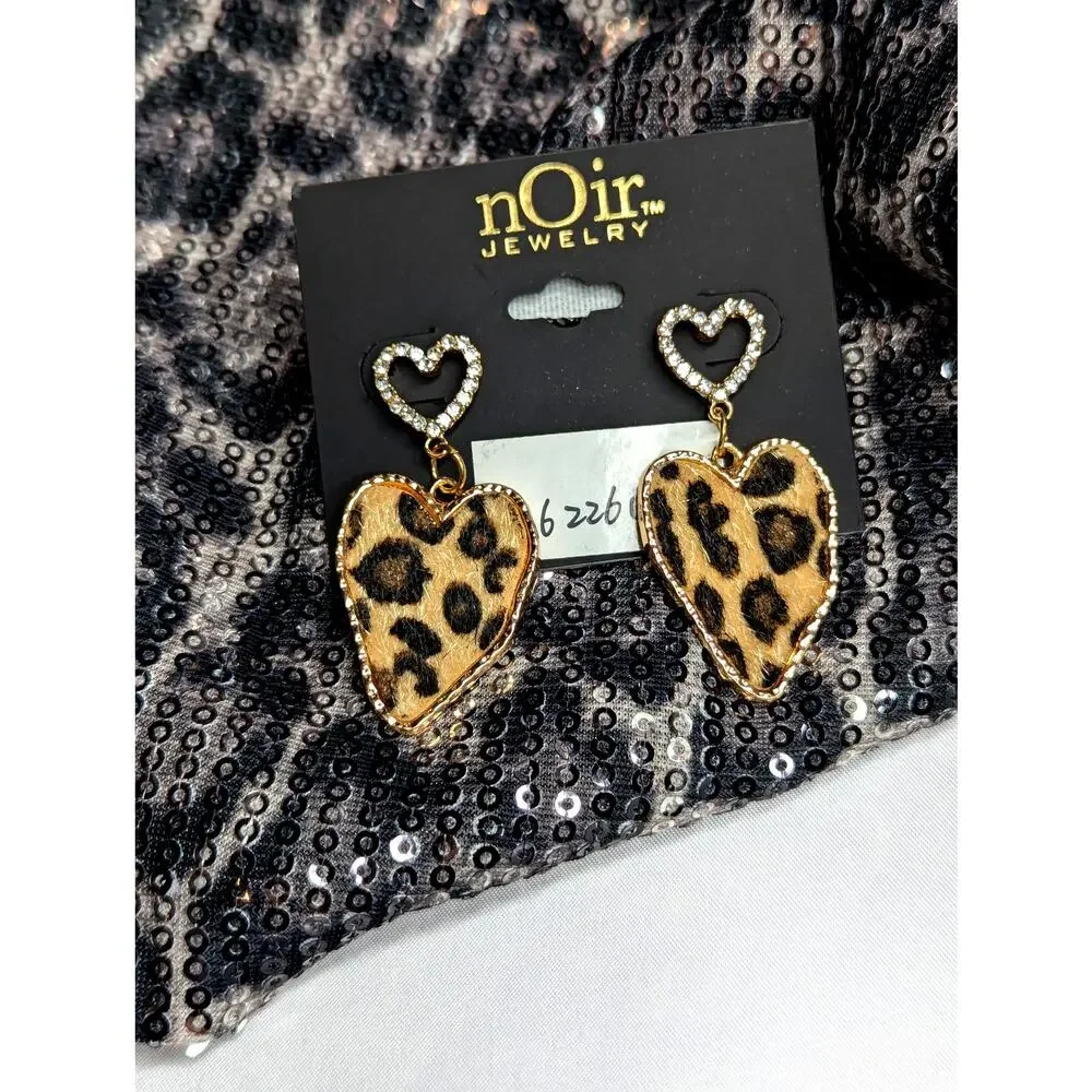 Leopard Print Heart Earrings With Rhinestones - Picture 3 of 6
